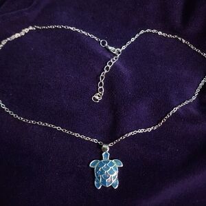 Brand New, Silver and Blue Enamel Turtle Pendant Necklace